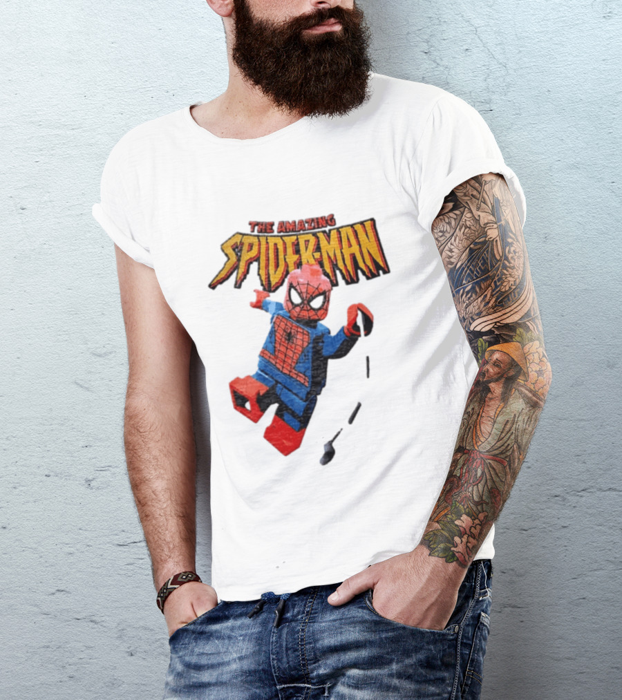 Spider Man The Amazing Lego Minifigure Swinging On Web Iconic Marvel Hero T-Shirt