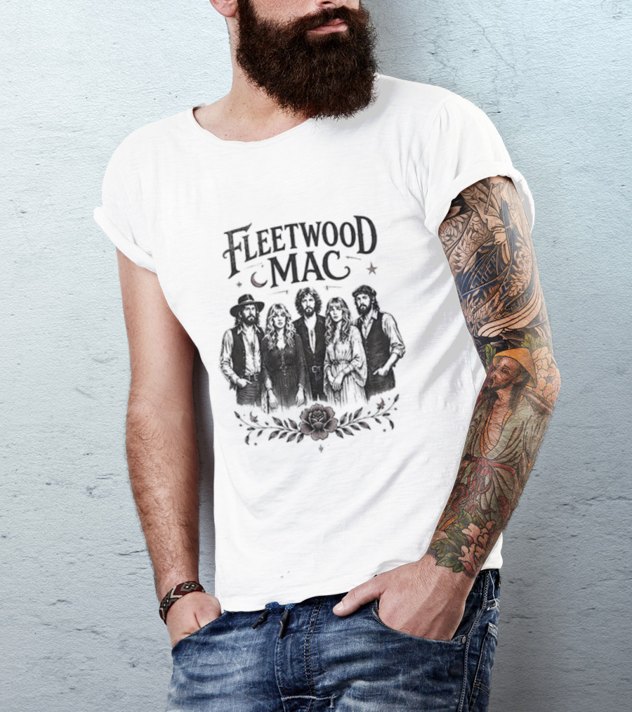 Fleetwood Mac Moonlit Harmony Silhouette With Crescent Moon And Floral Accents T-Shirt