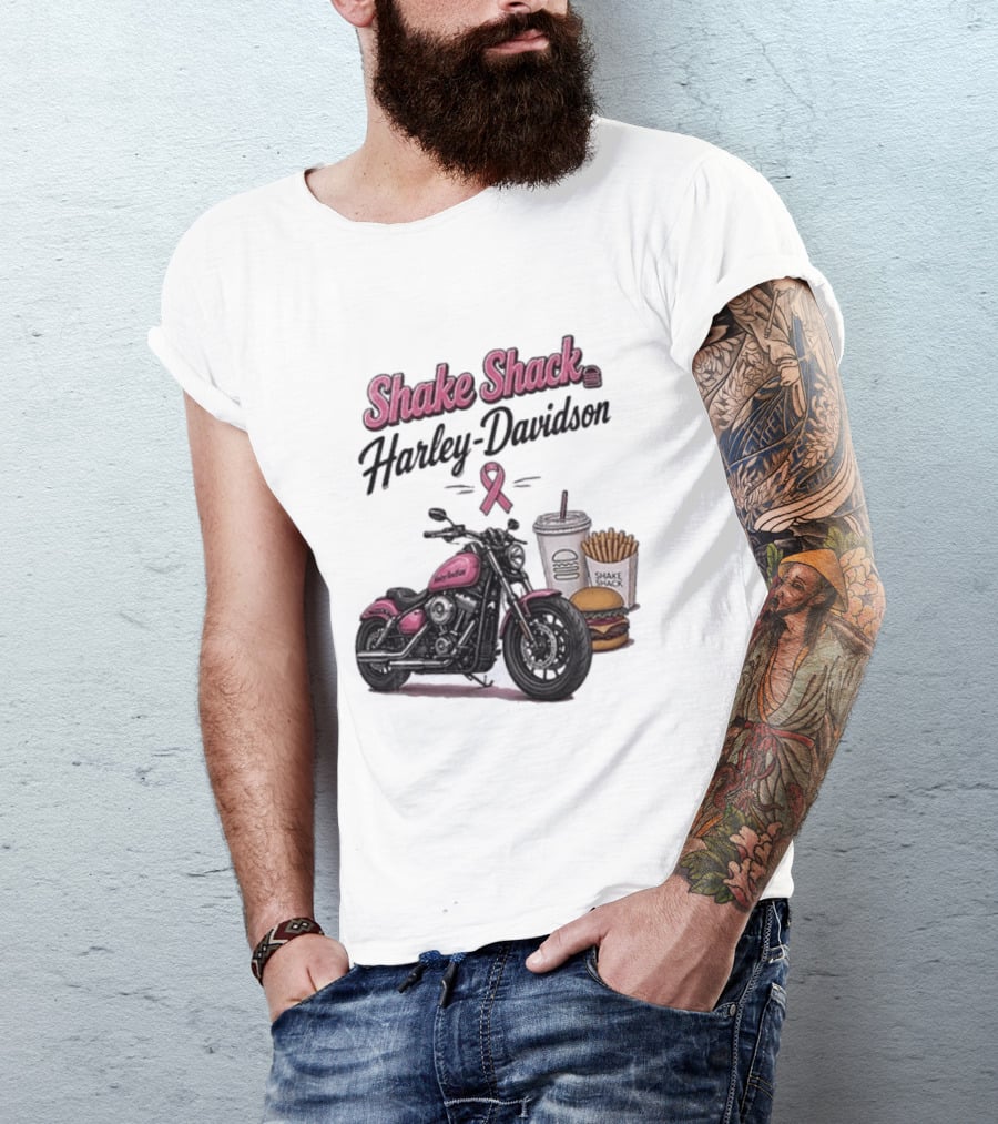 Shake Shack Harley Davidson Pink Ribbon Burger Fries Breast Cancer Awareness Month T-Shirt