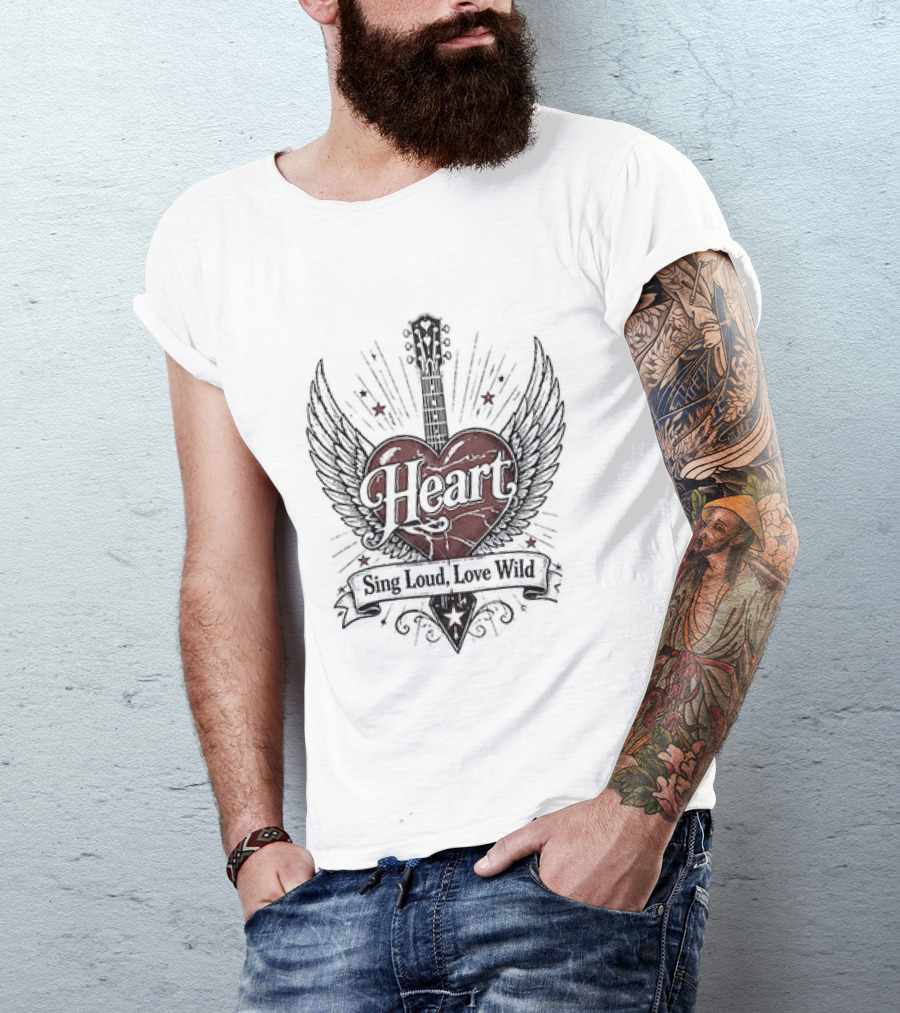 Heart Sing Loud Love Wild Wings Guitar T-Shirt