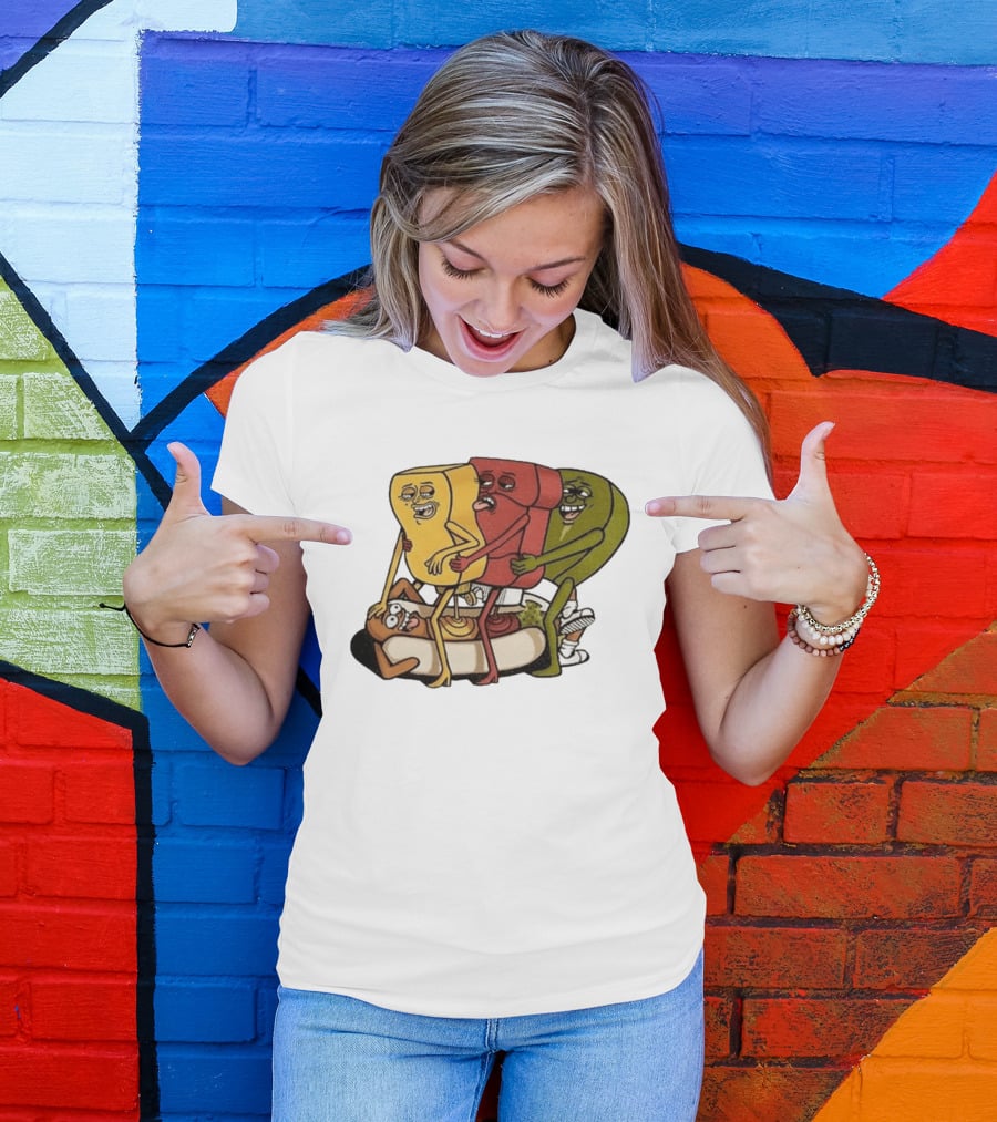 Hot Dog Topped With Mustard Ketchup And Relish Cartoon Characters T-Shirt