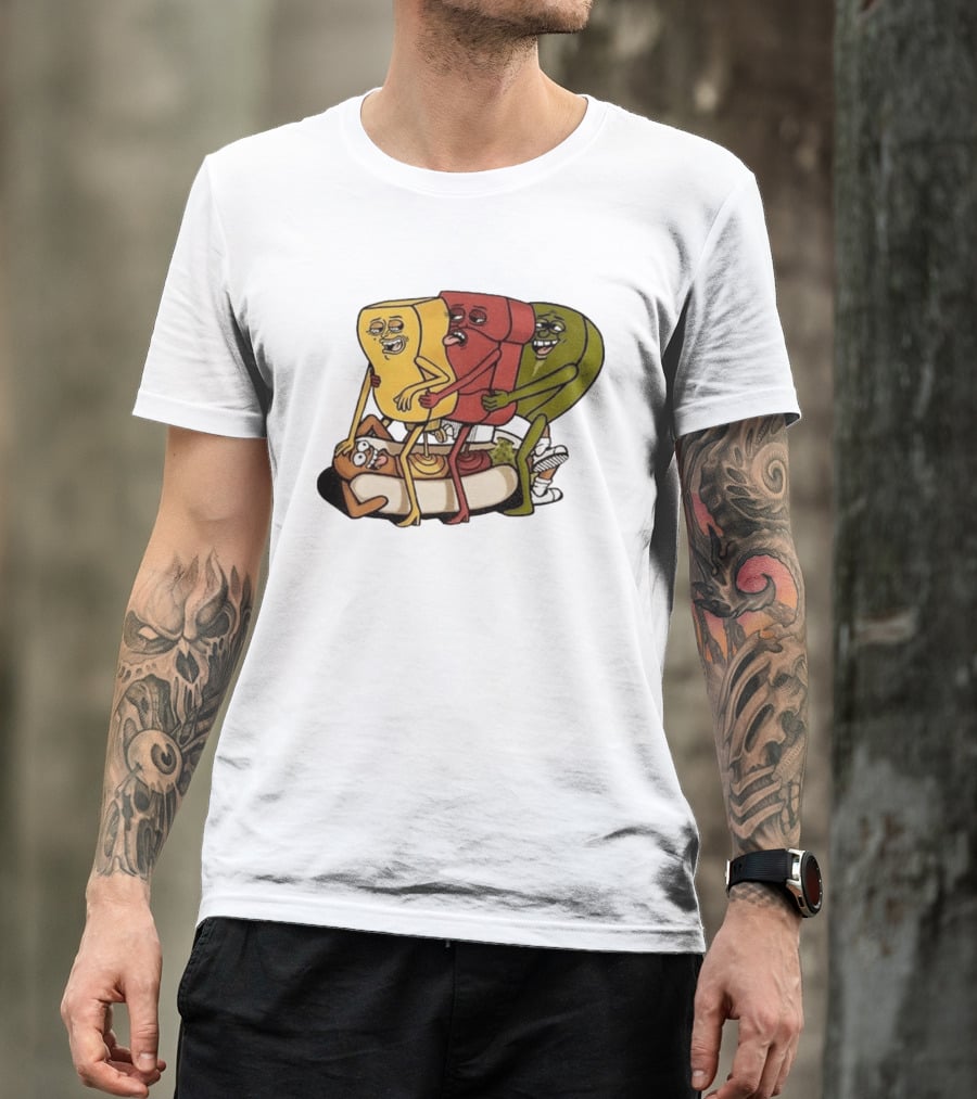 Hot Dog Topped With Mustard Ketchup And Relish Cartoon Characters T-Shirt
