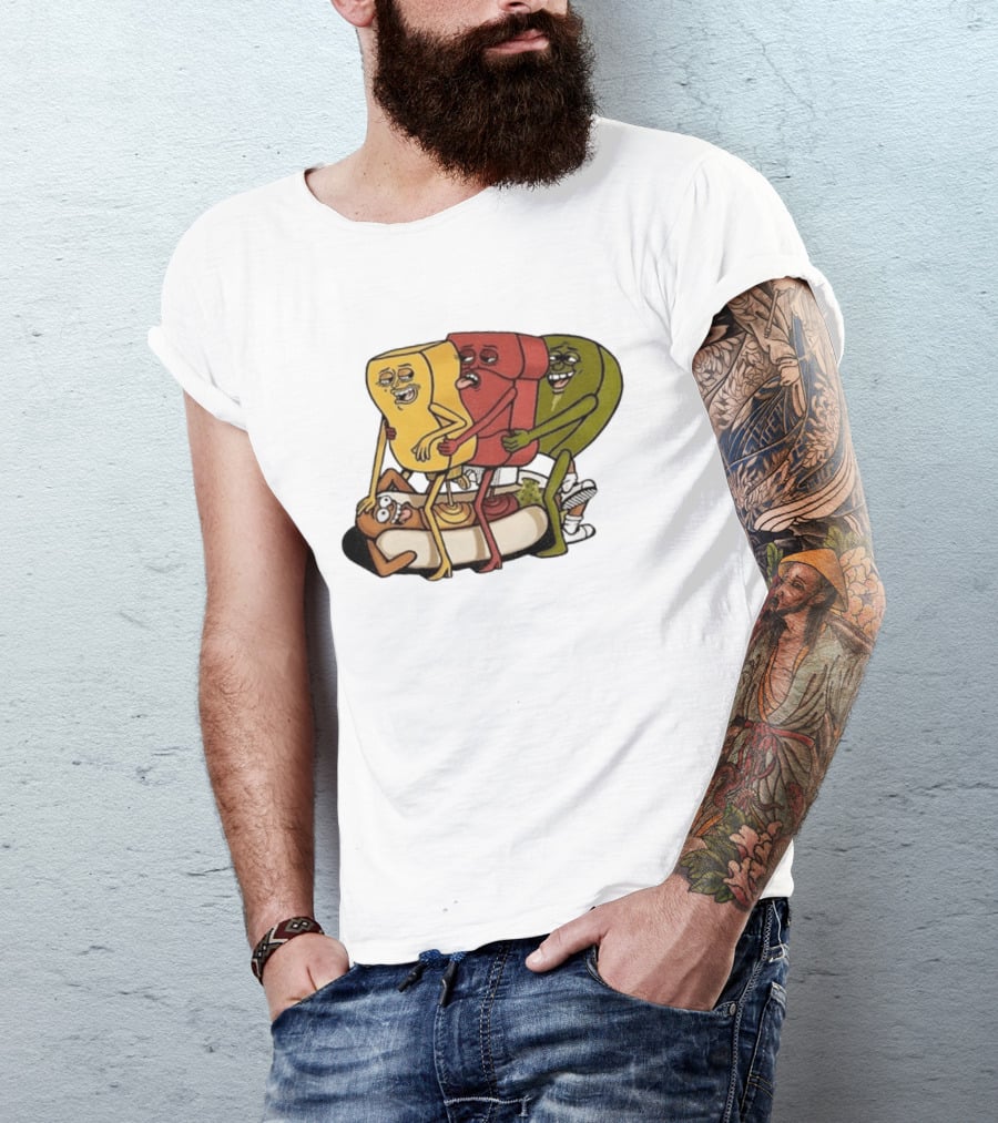 Hot Dog Topped With Mustard Ketchup And Relish Cartoon Characters T-Shirt