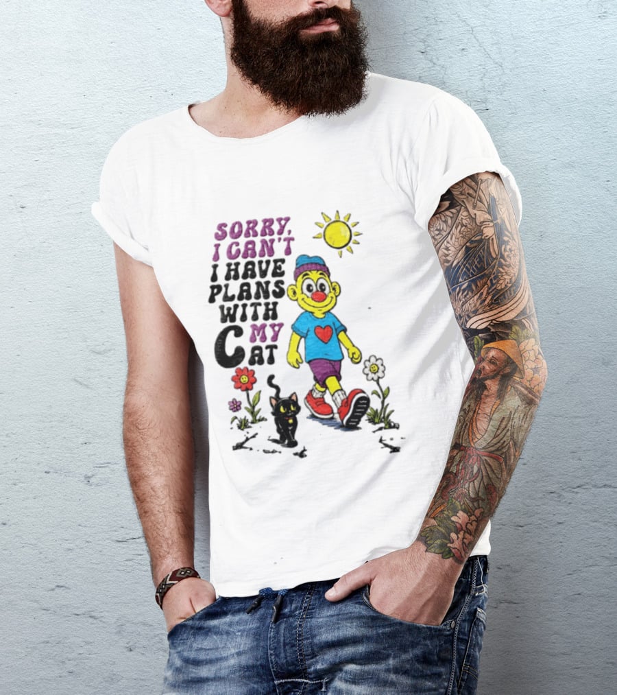 Sorry I Can't I Have Plans With My Cat Cartoon Yellow Figure Walking Sunflowers T-Shirt