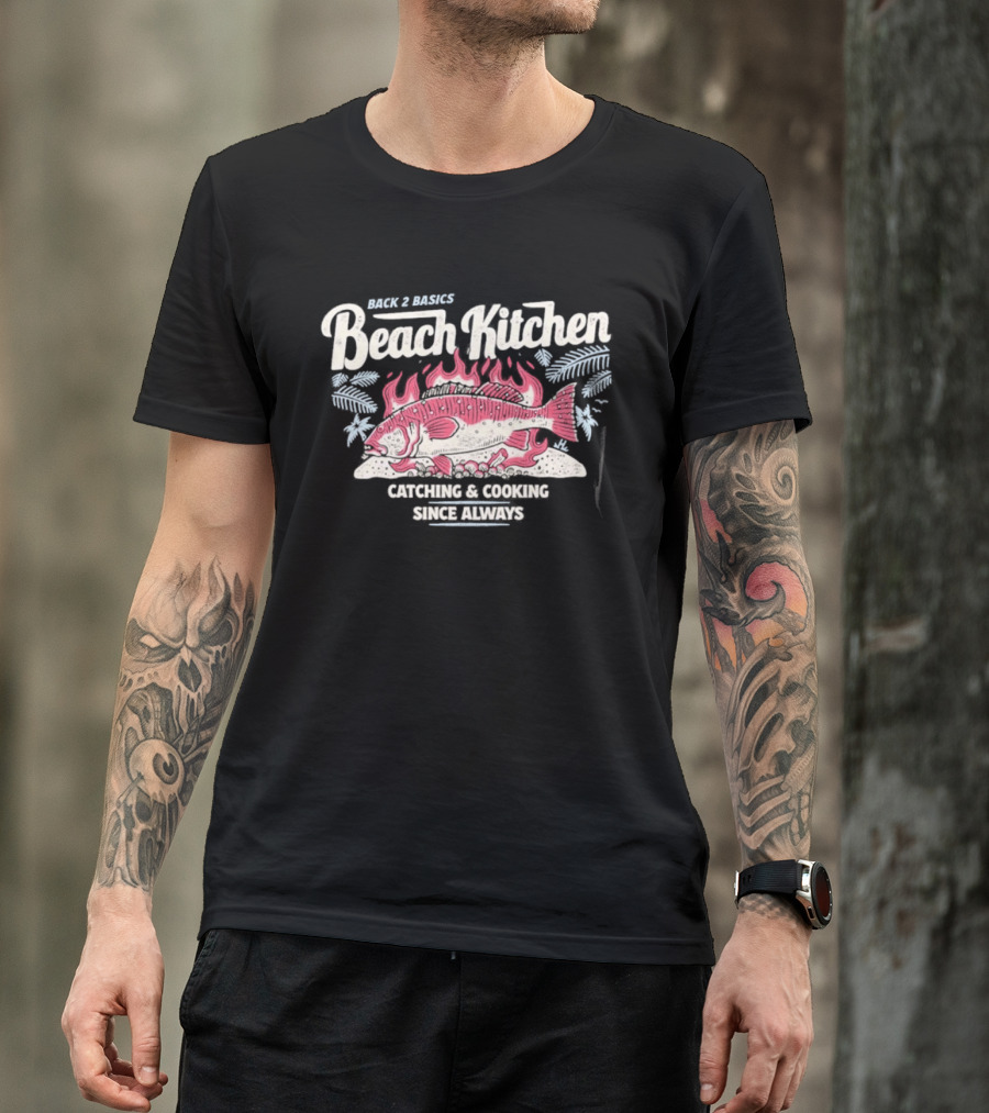 Back 2 Basics Beach Kitchen Catching Cooking Since Always Vintage Fish And Flames T-Shirt