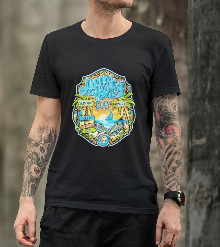 Jimmy Buffett Day Sept 4th 2026 Keep The Party Going Tropical Beach Hammock Scene T-Shirt