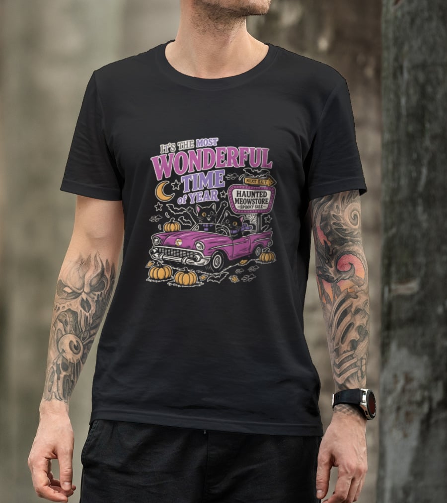 The Most Wonderful Time Of Year Halloween Cat And Pumpkins Retro Car T-Shirt