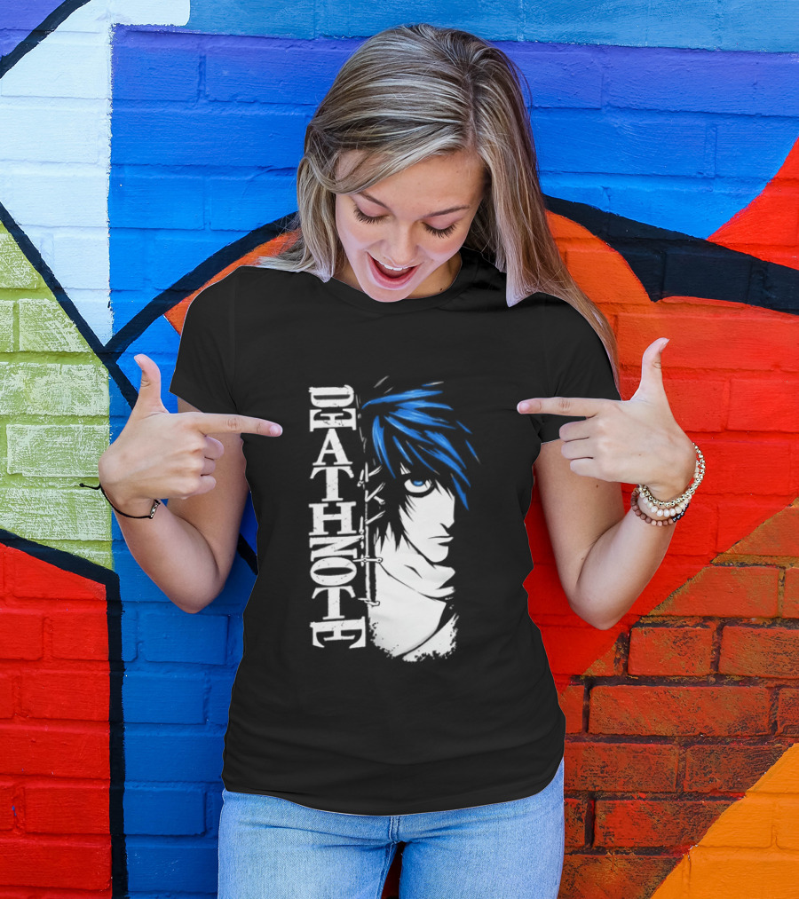 L From Death Note Distressed Anime Blue Hair White T-Shirt