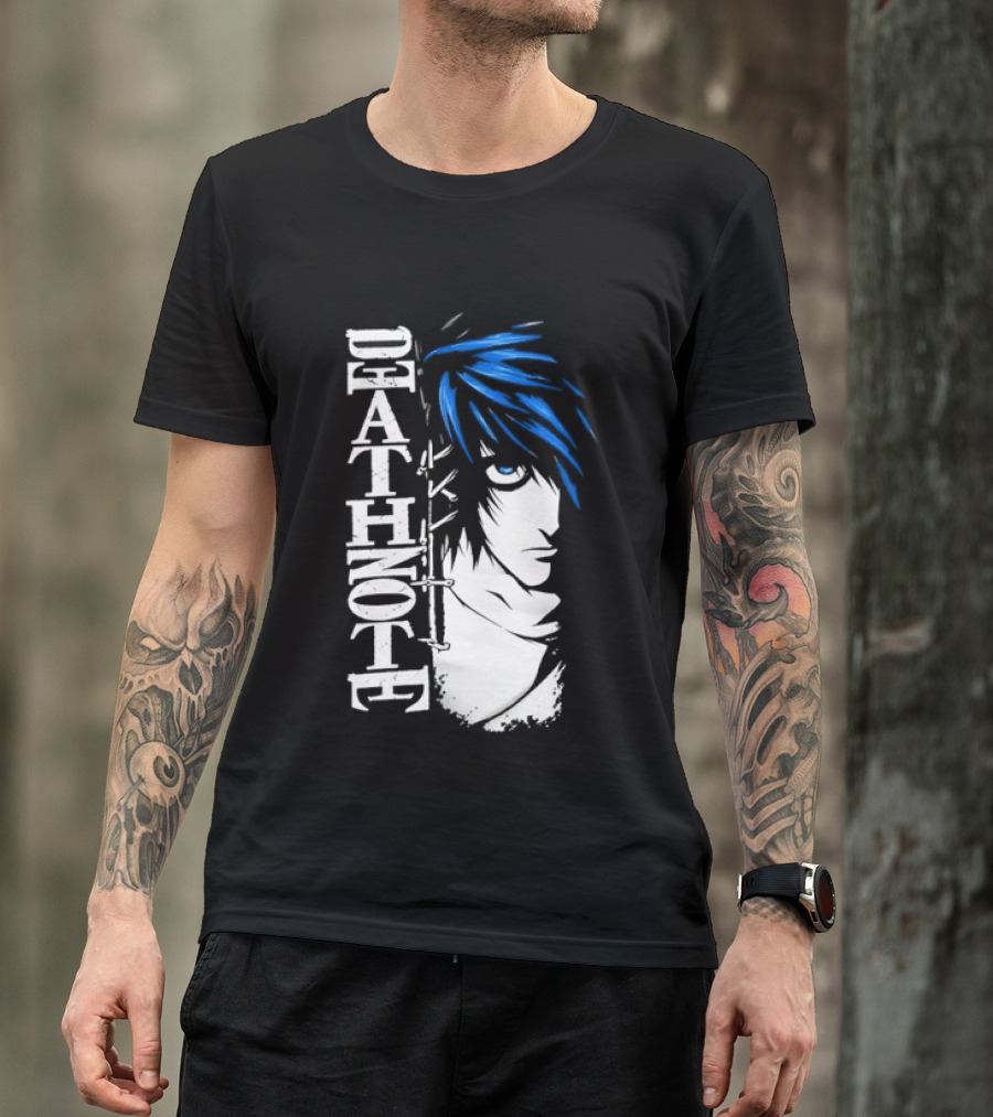 L From Death Note Distressed Anime Blue Hair White T-Shirt