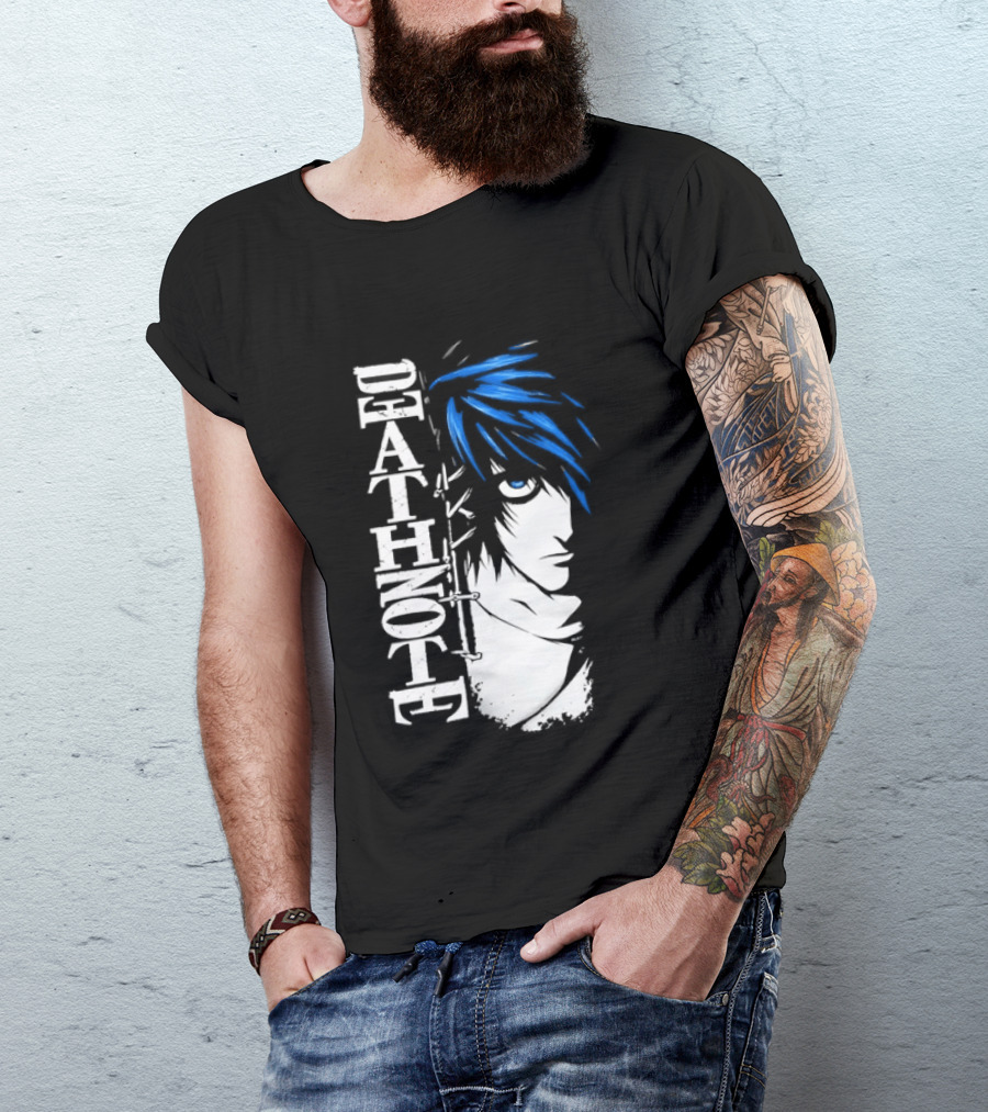 L From Death Note Distressed Anime Blue Hair White T-Shirt