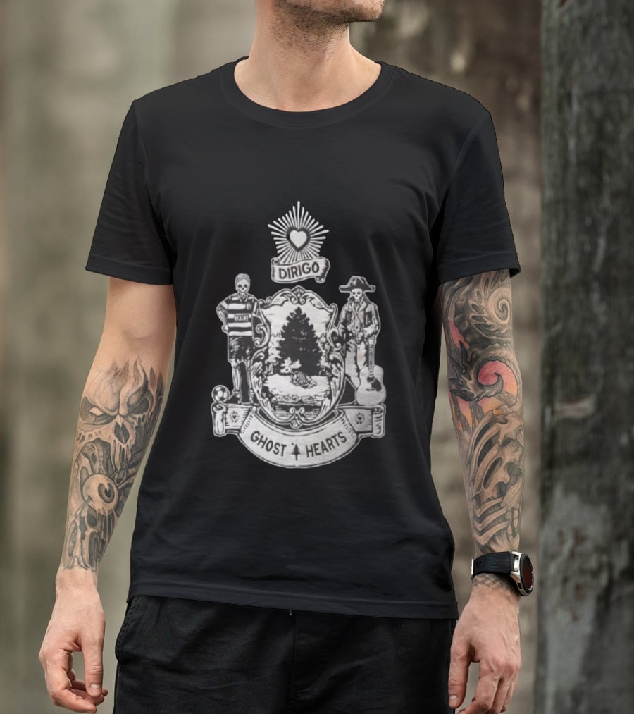 Dirigo Ghost Hearts Maine Crest With Skeleton Soccer And Guitar Players T-Shirt