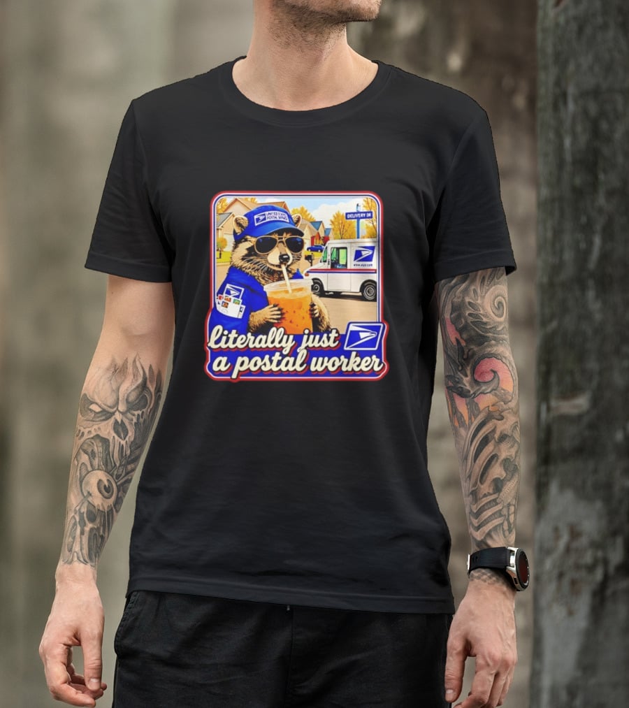 Literally Just A Postal Worker Raccoon With USA Postal Service Mail Truck Delivery Scene T-Shirt