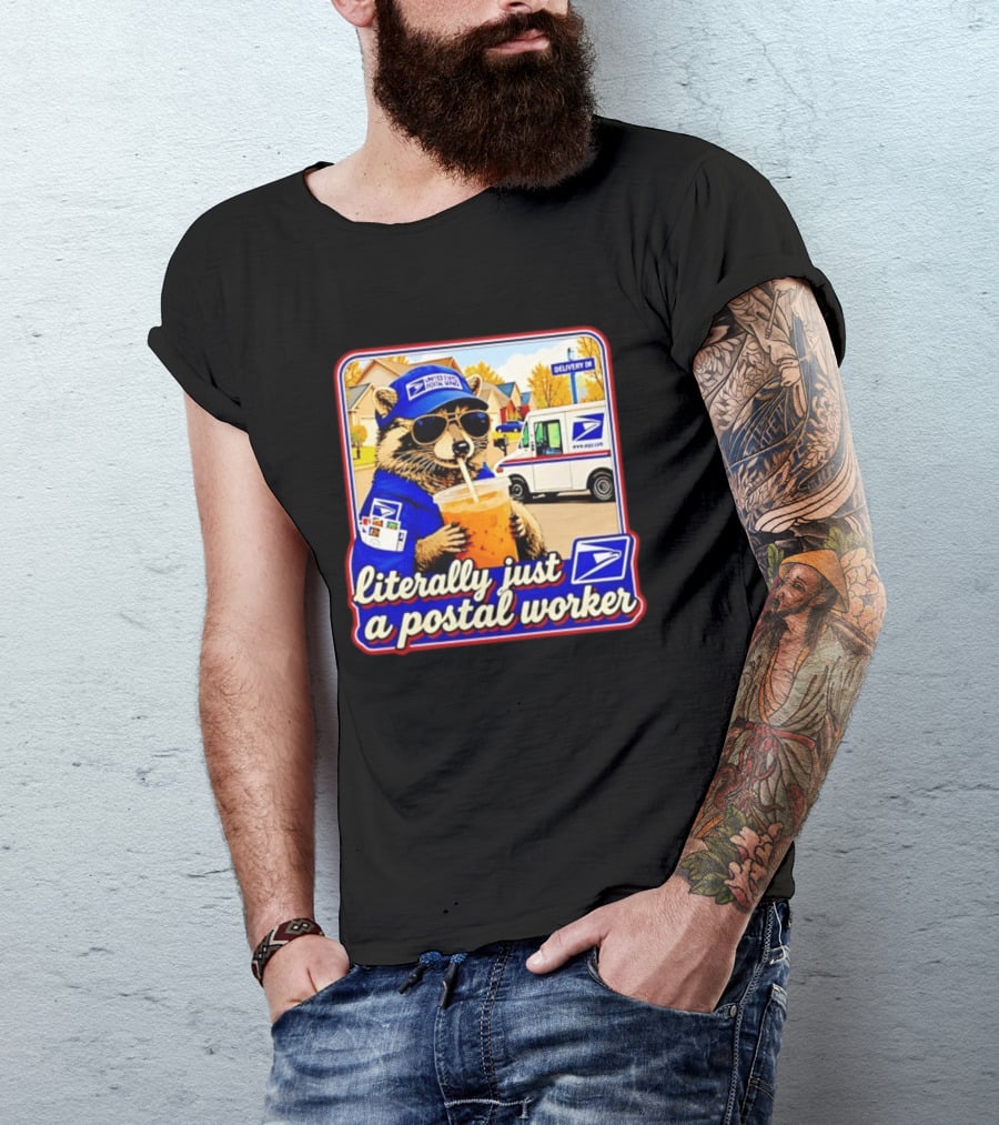 Literally Just A Postal Worker Raccoon With USA Postal Service Mail Truck Delivery Scene T-Shirt