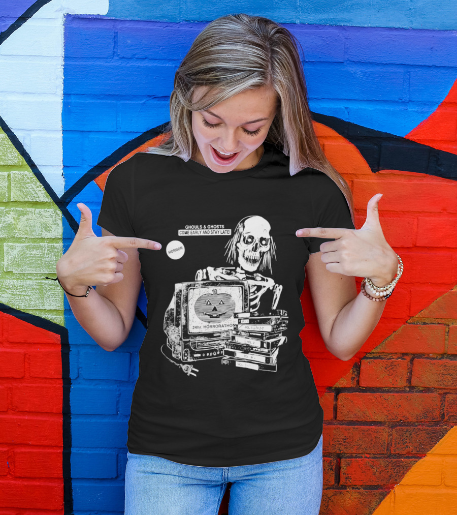 Ghouls And Ghosts 24hr Horrorathon Skeleton With TV And Pumpkin T-Shirt