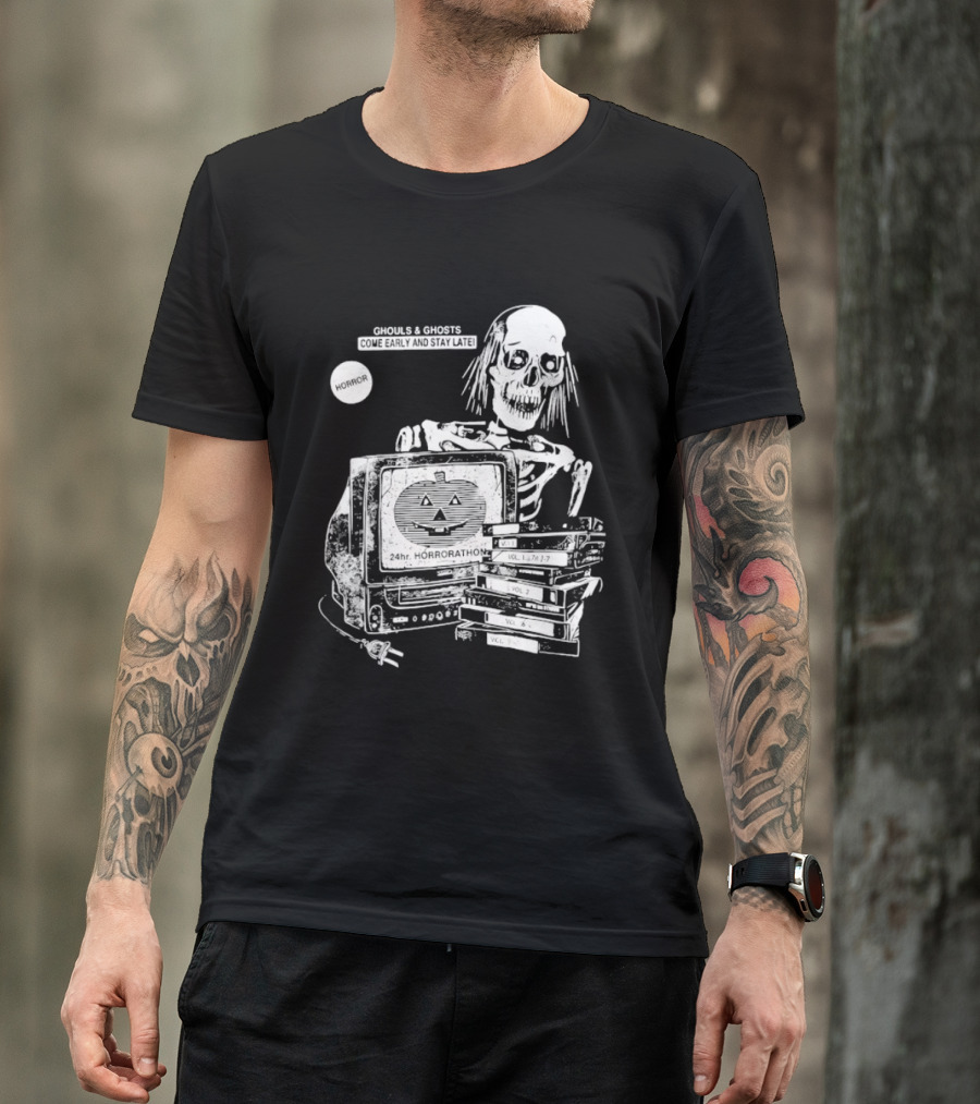 Ghouls And Ghosts 24hr Horrorathon Skeleton With TV And Pumpkin T-Shirt