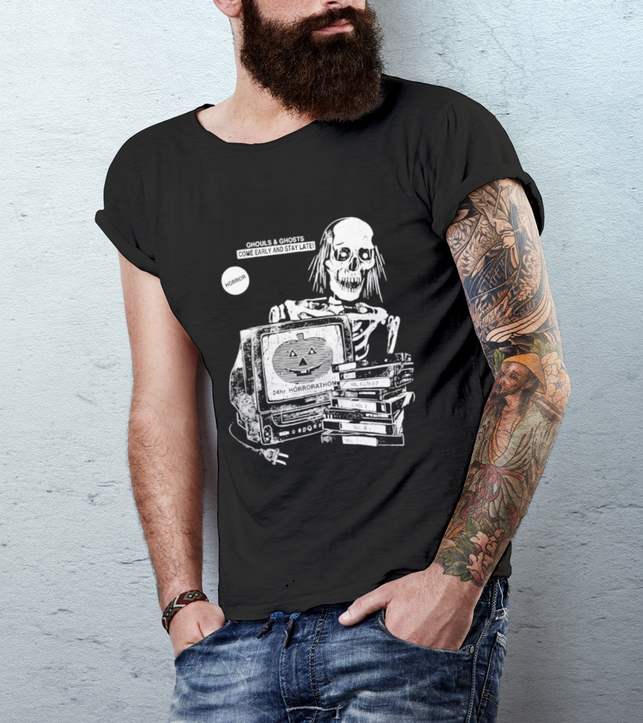 Ghouls And Ghosts 24hr Horrorathon Skeleton With TV And Pumpkin T-Shirt