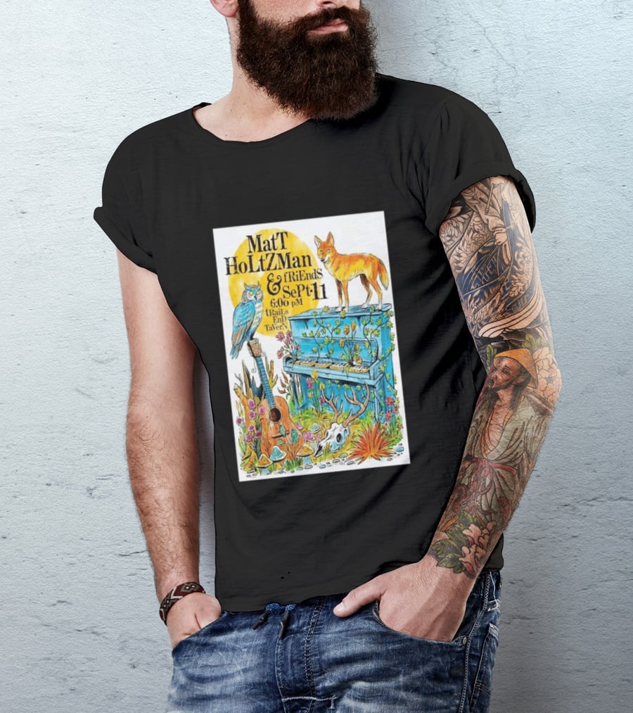 Matt Holtzman And Friends Live Music Event At Trails End Tavern September 11 Featuring Fox And Owl With Guitar And Piano Illustrations T-Shirt