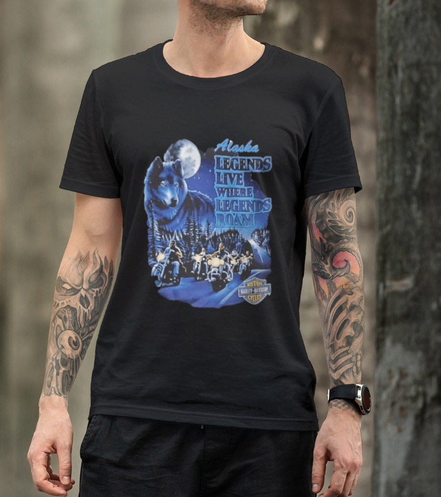 Alaska Legends Live Where Legends Roam Wolf Moon Motorcycles Forest Road T-Shirt