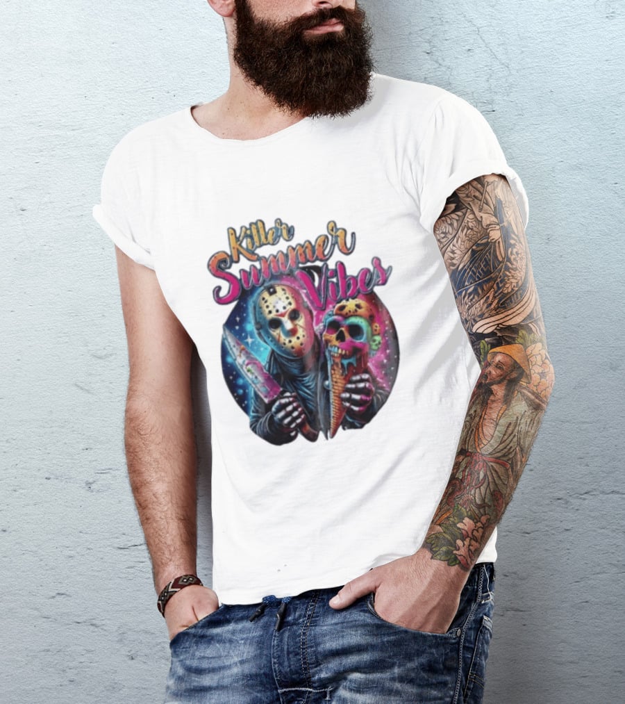 Killer Summer Vibes Hockey Mask Slasher Knife Skull Ice Cream Cone Cosmic T-Shirt