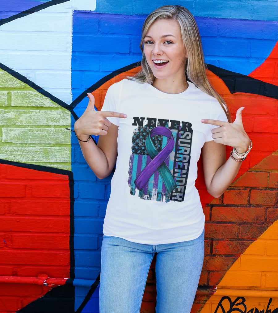 Never Surrender Teal And Purple Awareness Ribbon Distressed Flag T-Shirt