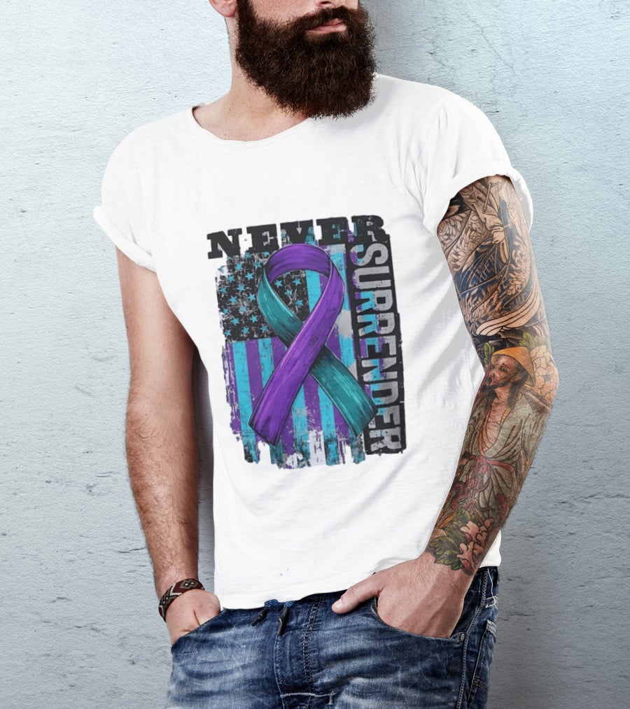 Never Surrender Teal And Purple Awareness Ribbon Distressed Flag T-Shirt