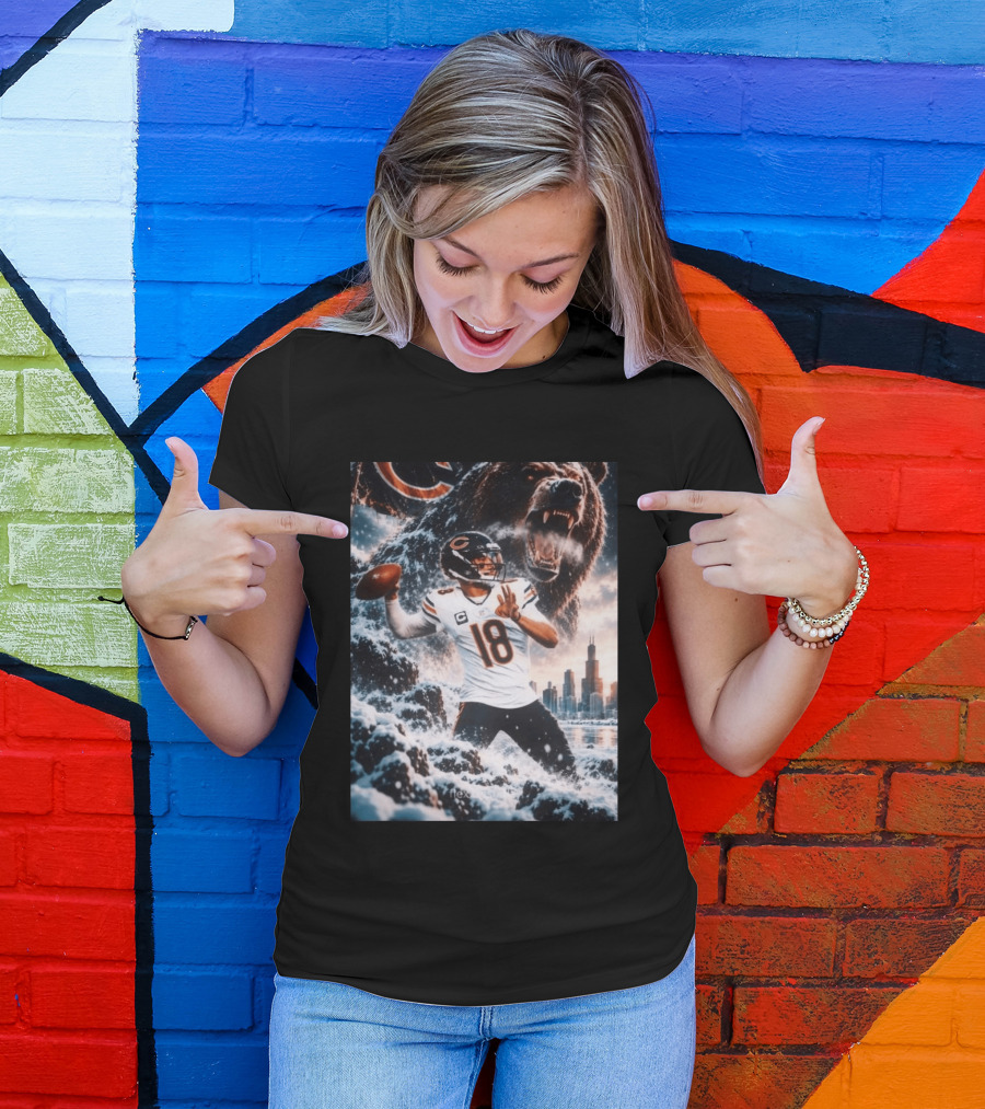 Caleb Williams Chicago Bears Snowy Football Bear Quarterback Number 18 City Skyline T-Shirt