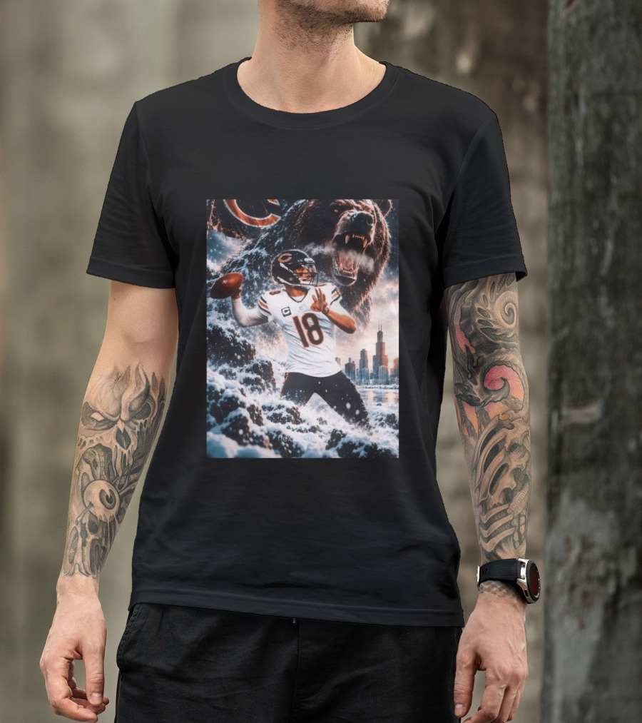 Caleb Williams Chicago Bears Snowy Football Bear Quarterback Number 18 City Skyline T-Shirt