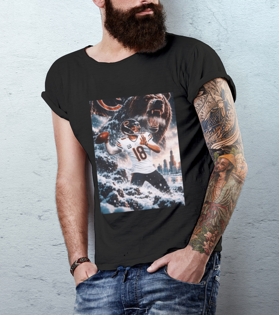 Caleb Williams Chicago Bears Snowy Football Bear Quarterback Number 18 City Skyline T-Shirt