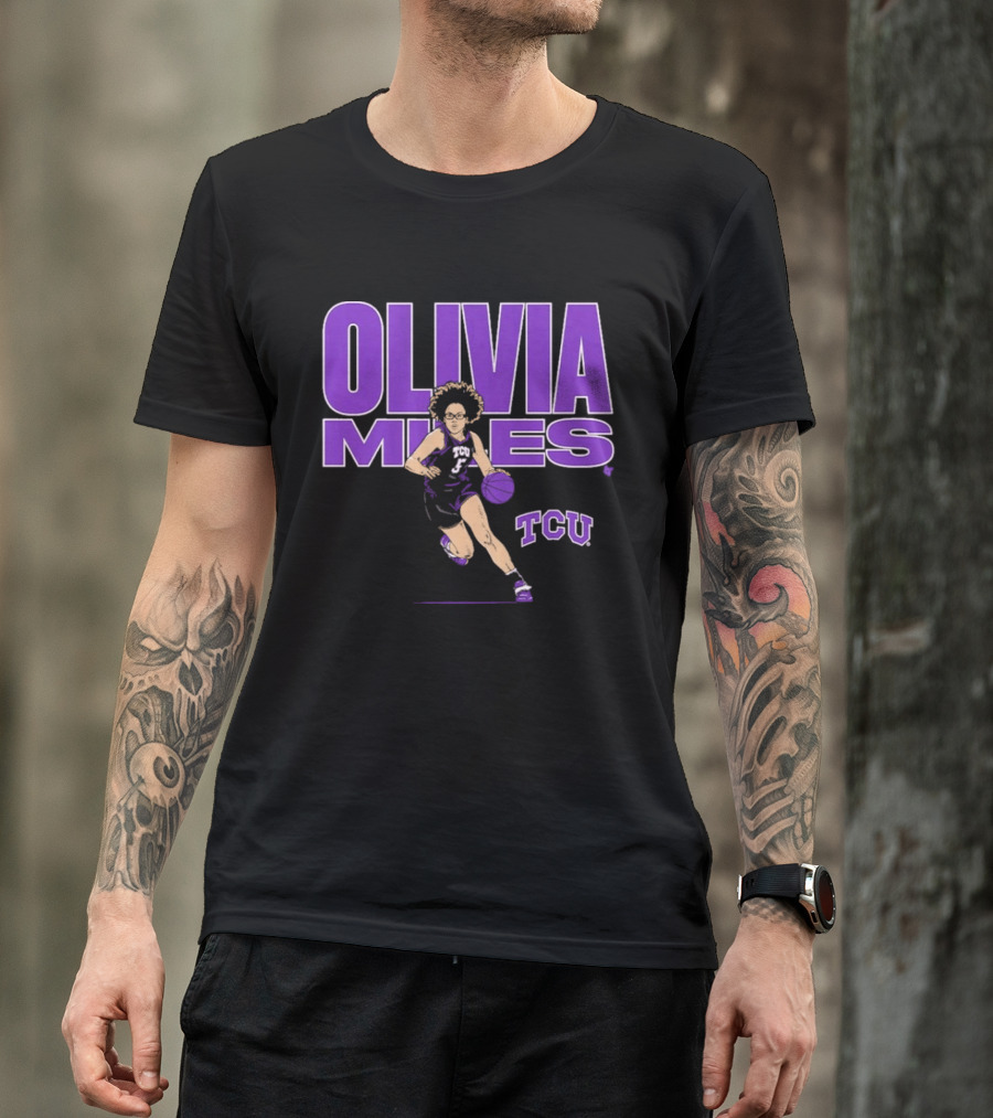 TCU Basketball Olivia Miles Name Pose Purple And White Basketball Player T-Shirt