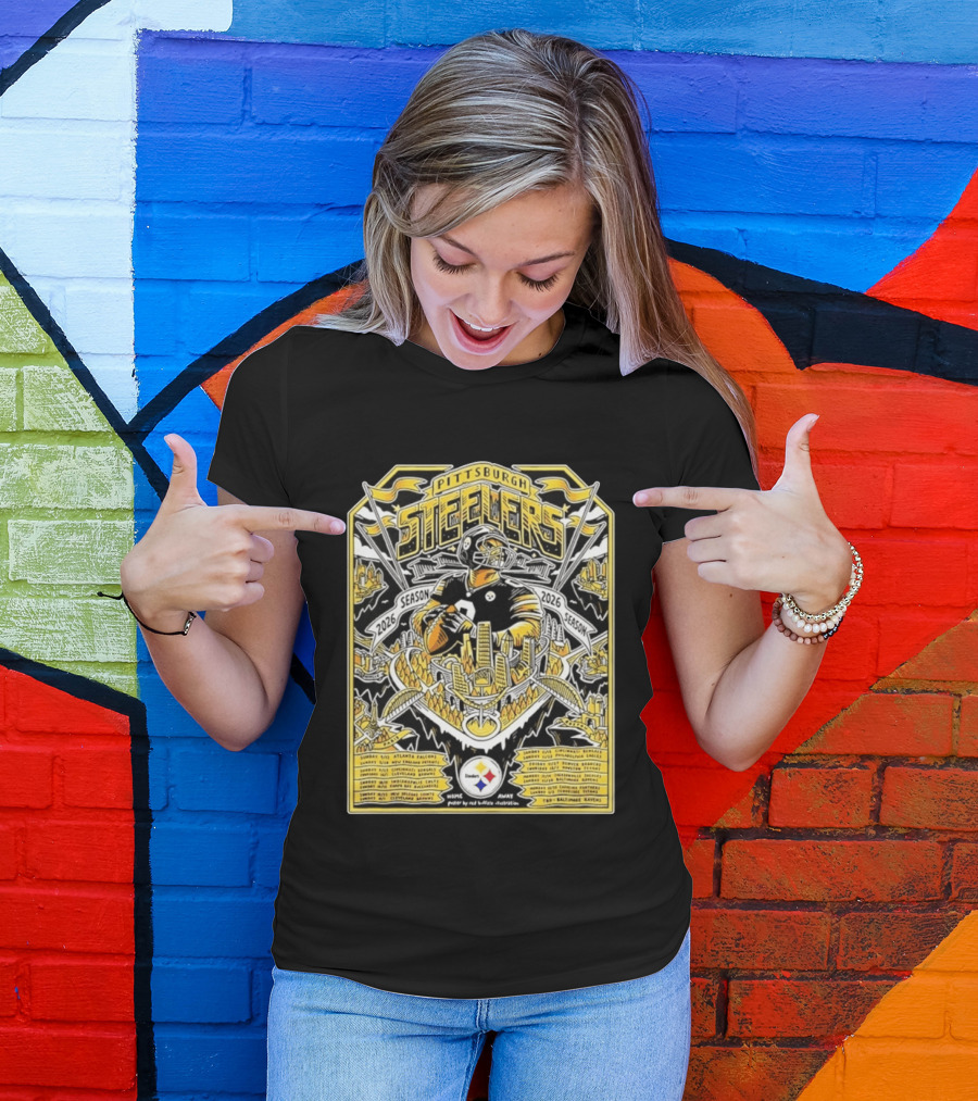 Pittsburgh Steelers 2026 Season Schedule Featuring Iconic Cityscape And Player T-Shirt