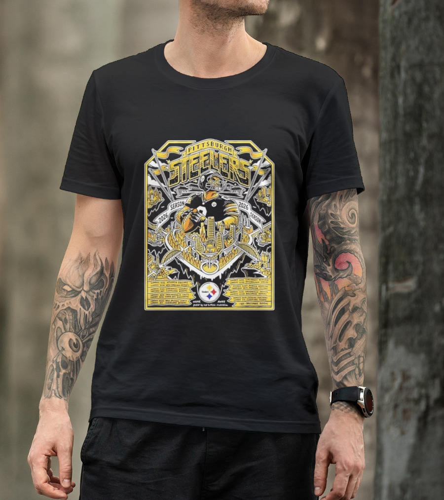Pittsburgh Steelers 2026 Season Schedule Featuring Iconic Cityscape And Player T-Shirt