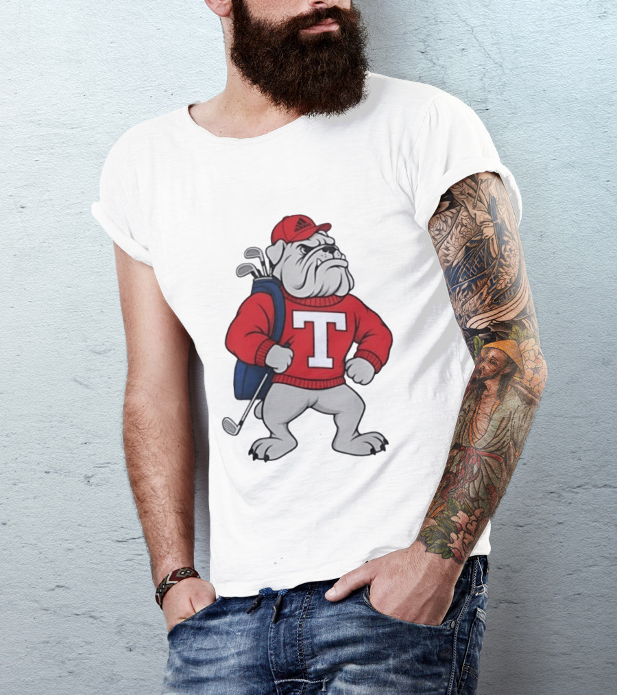 Bulldog Golf Mascot With Letter Sweater And Golf Bag T-Shirt