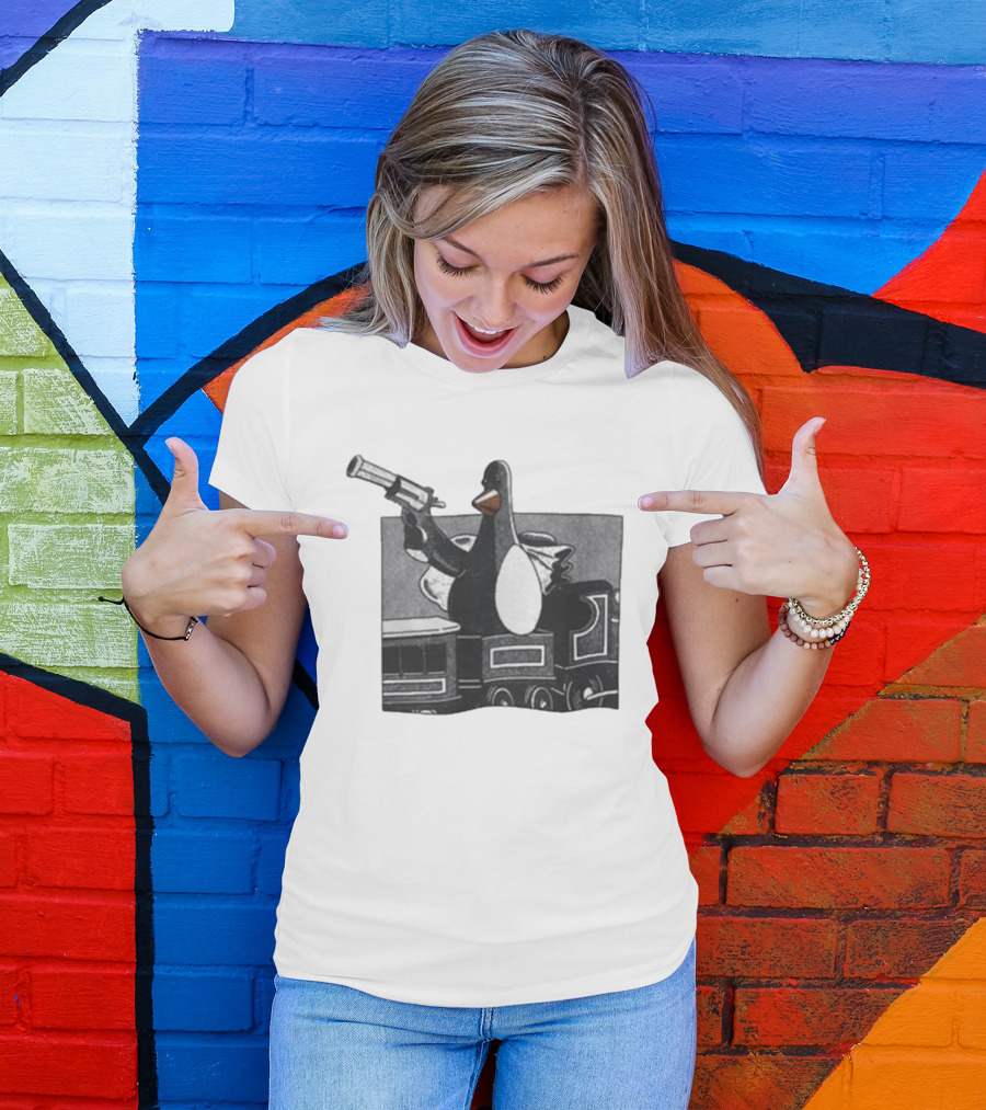 Evil Penguin With Gun On Train Vengeance Most Fowl McGraw T-Shirt