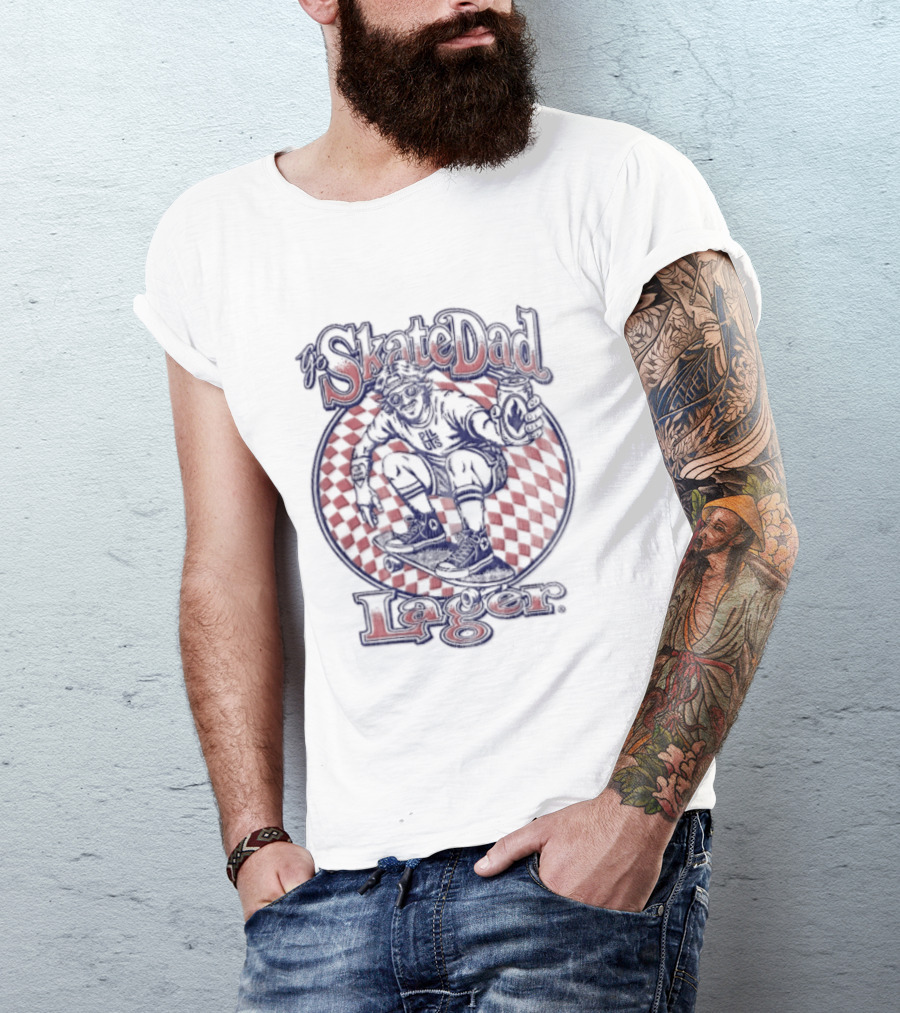 Skate Dad Lager Pils Beer Can Checkerboard Skater Riding T-Shirt