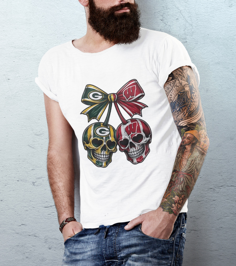 Green Bay Packers Wisconsin Badgers Skulls Bow T-Shirt