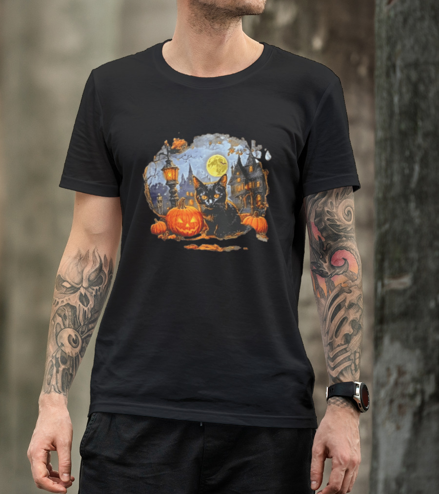 Black Cat Halloween Glowing Jack O' Lantern Haunted Mansion Full Moon Scene T-Shirt