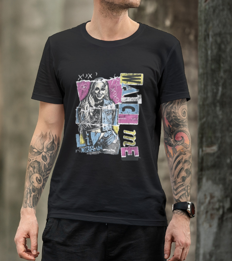 Me Xoxo Liv Morgan Denim Vest Distressed Halftone Torn Paper Collage T-Shirt