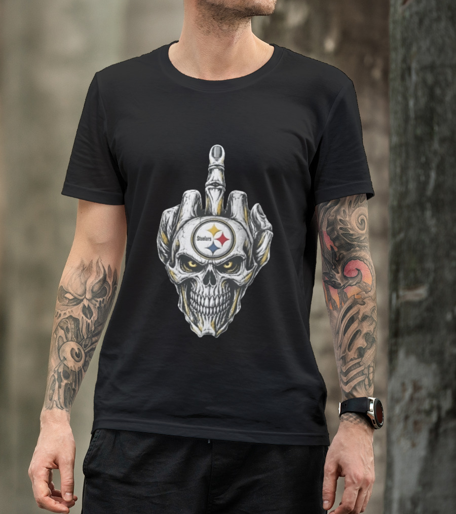 Pittsburgh Steelers Skull Middle Finger Gesture Football Fan T-Shirt