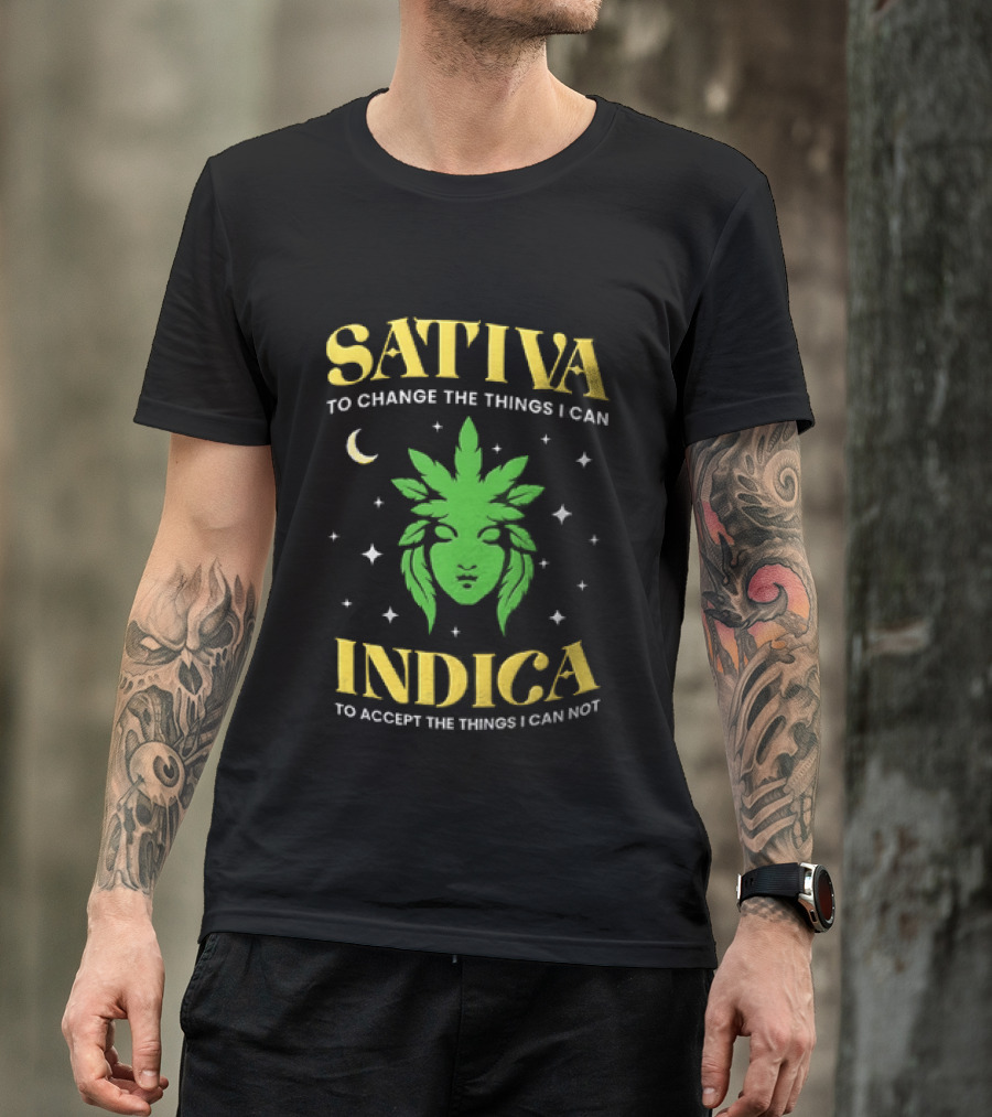 Sativa To Change The Things I Can Indica To Accept The Things I Can Not Moon Stars Cannabis Leaf T-Shirt