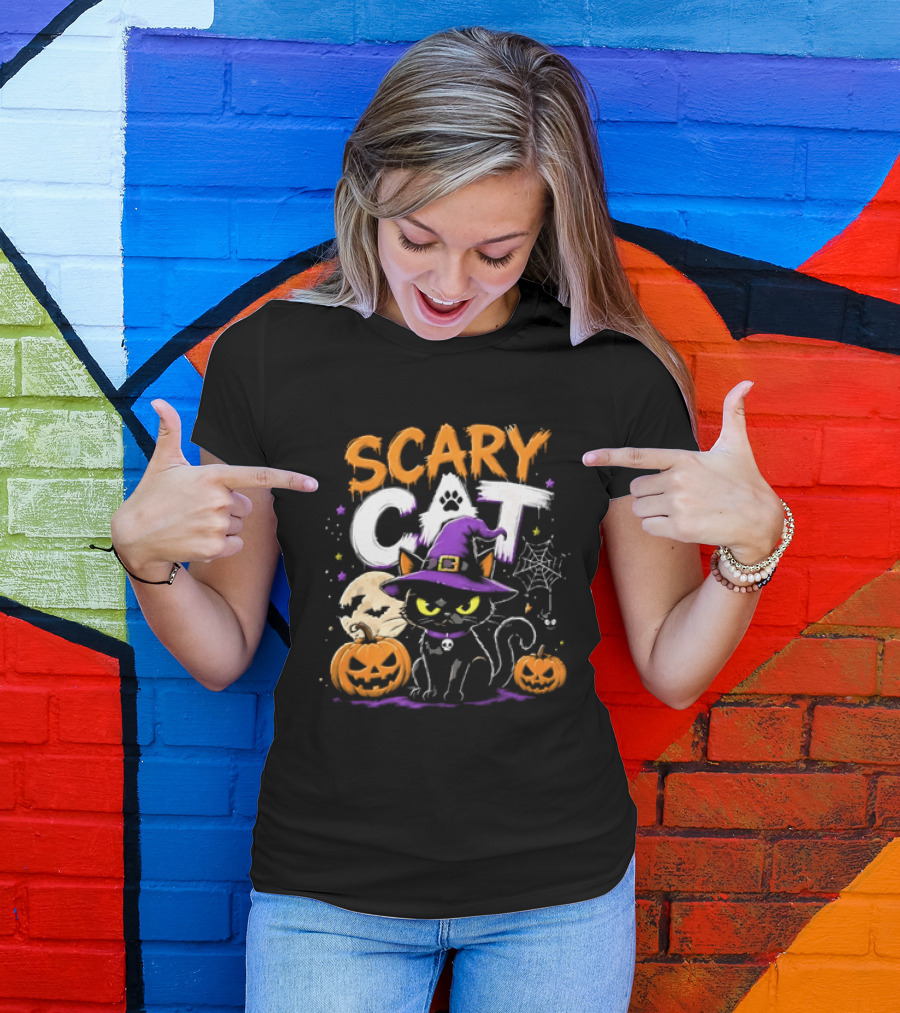Scary Cat Black Kitten Witch Hat Full Moon Jack O Lanterns Halloween Cartoon T-Shirt