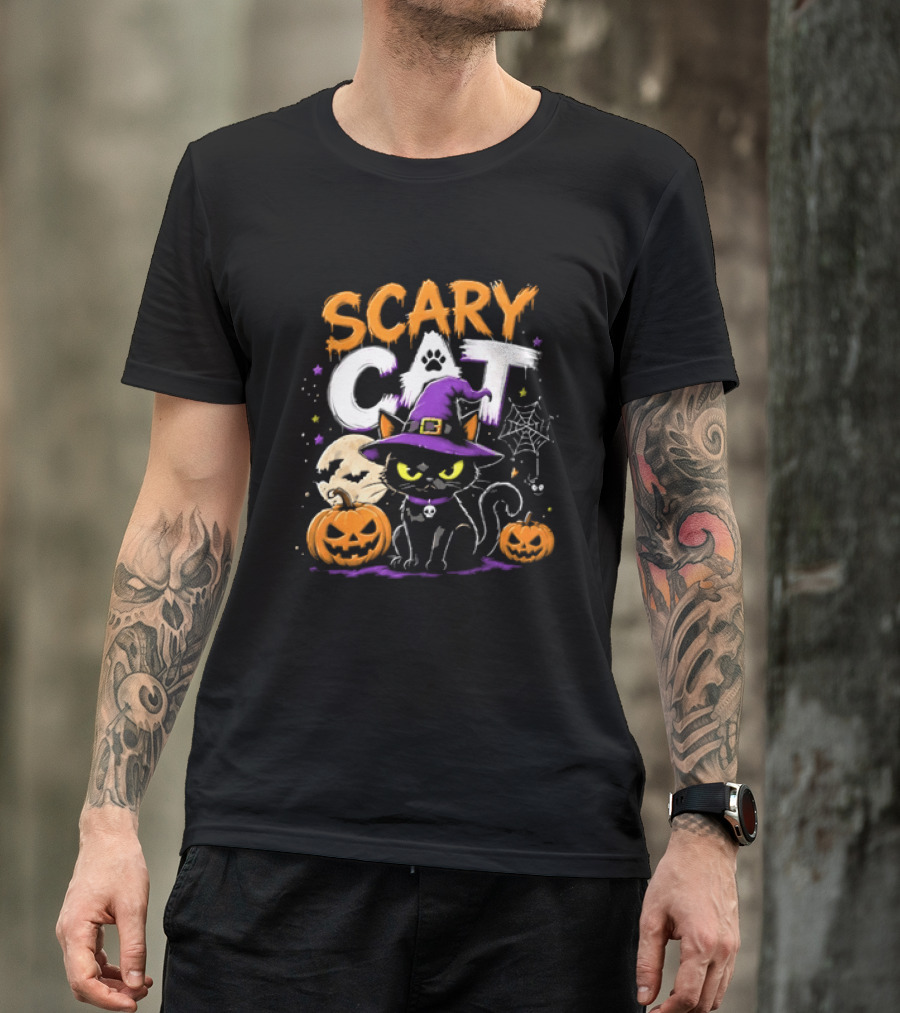 Scary Cat Black Kitten Witch Hat Full Moon Jack O Lanterns Halloween Cartoon T-Shirt