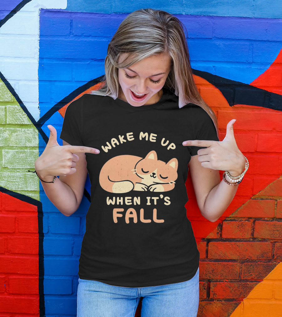 Wake Me Up When It's Fall Sleeping Cat Autumn T-Shirt