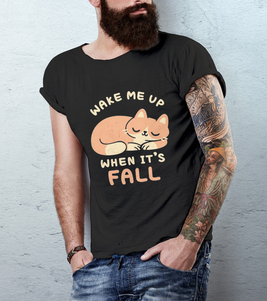 Wake Me Up When It's Fall Sleeping Cat Autumn T-Shirt