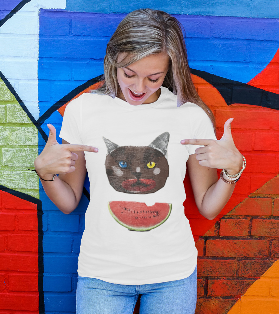 Cat Heterochromia Watermelon Slice Surreal T-Shirt