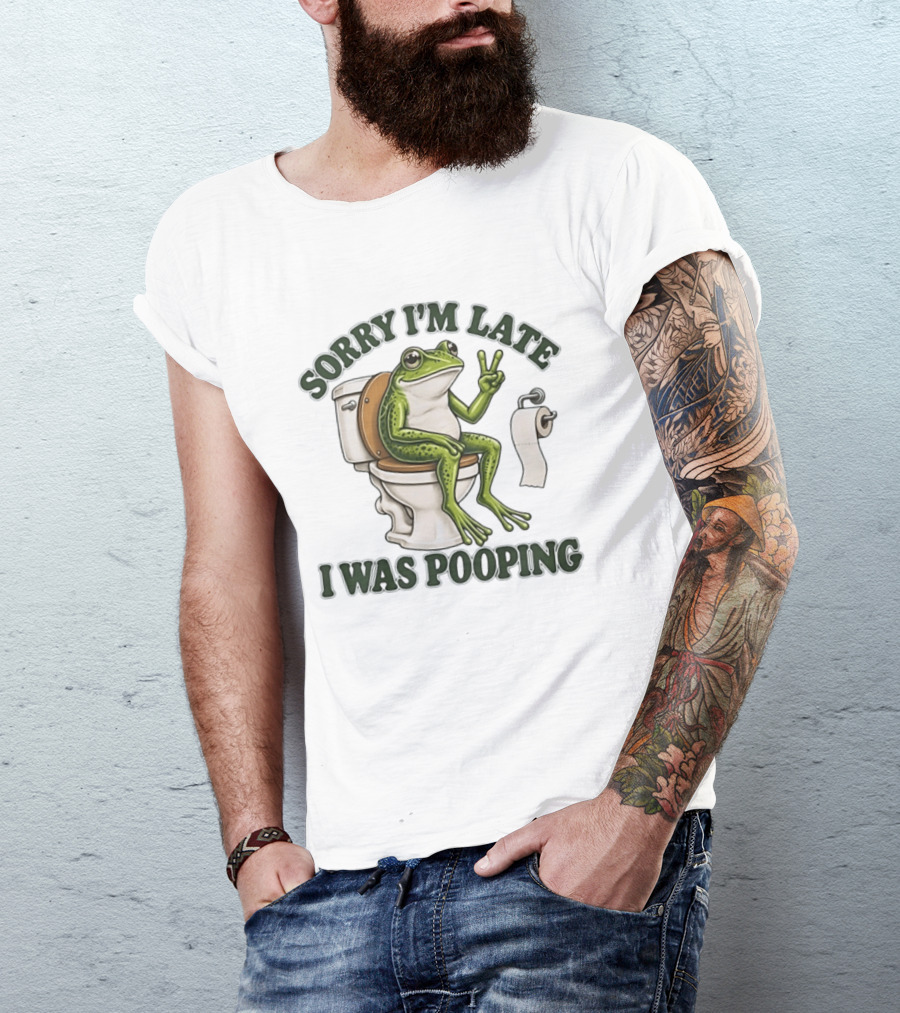 Sorry I'm Late I Was Pooping Frog On Toilet Peace Gesture T-Shirt