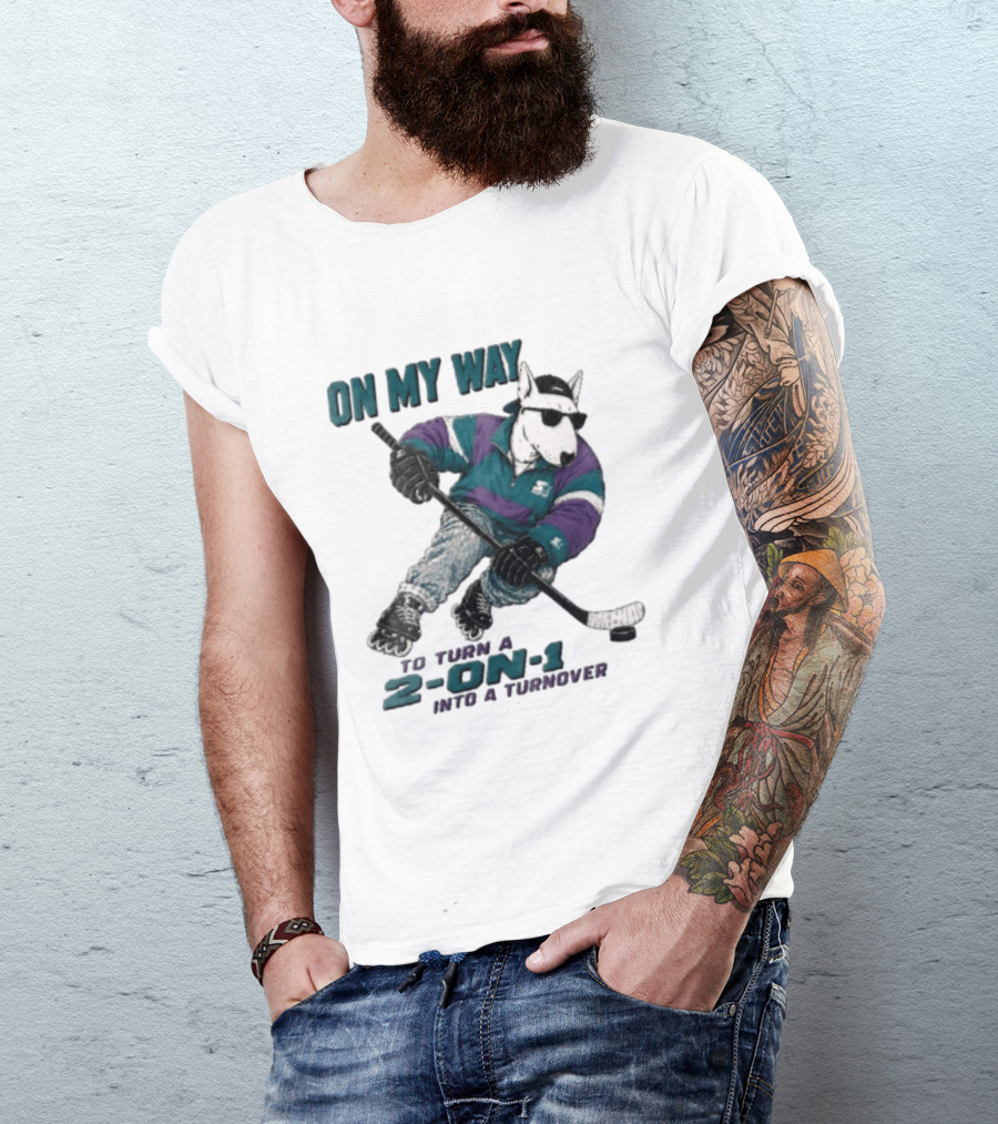 On My Way To Turn A 2 On 1 Into A Turnover Cartoon Bull Terrier Rollerblading Hockey Puck T-Shirt