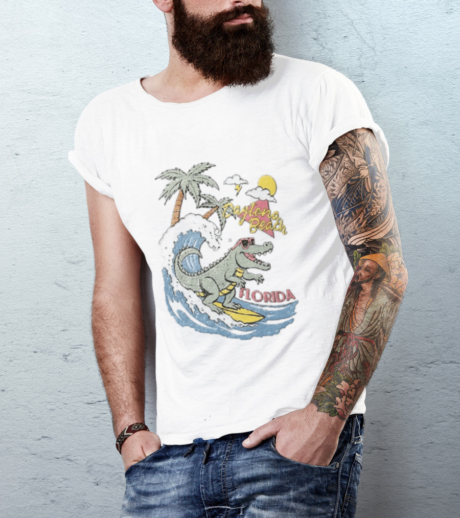 Daytona Beach Florida Surfing Alligator With Palm Trees And Sunglasses T-Shirt