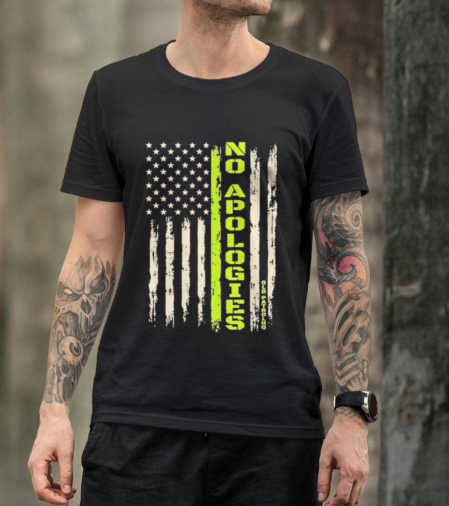 No Apologies Old PatrolHQ Distressed American Flag Vertical Stripes Stars T-Shirt
