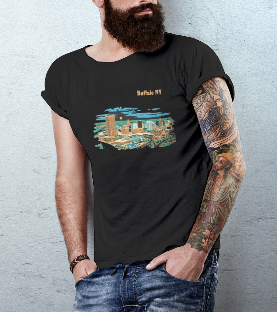 Buffalo NY Skyline Cityscape Illustration With Moonlit Clouds T-Shirt