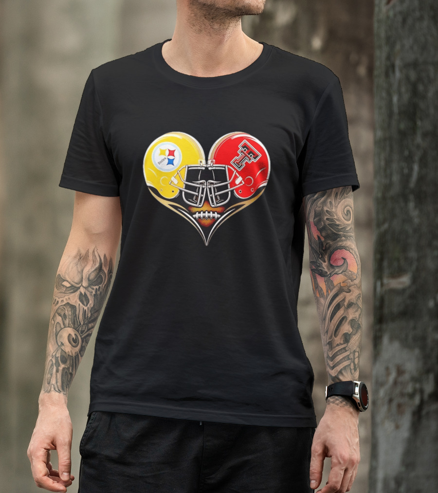 Pittsburgh Steelers Texas Tech Red Raiders Football Helmets Heart T-Shirt